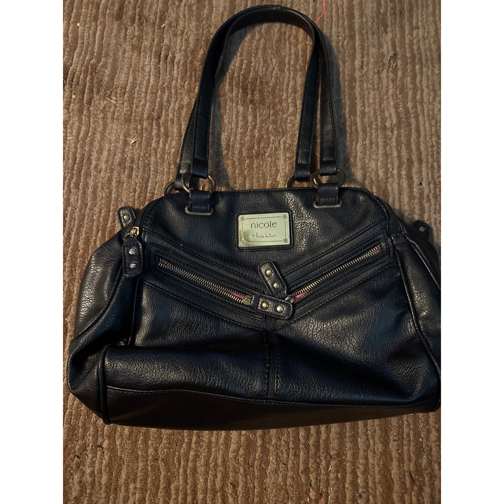 Nicole Miller Black Satchel Purse Double Zip Pocket Shoulder Bag‎ Medium